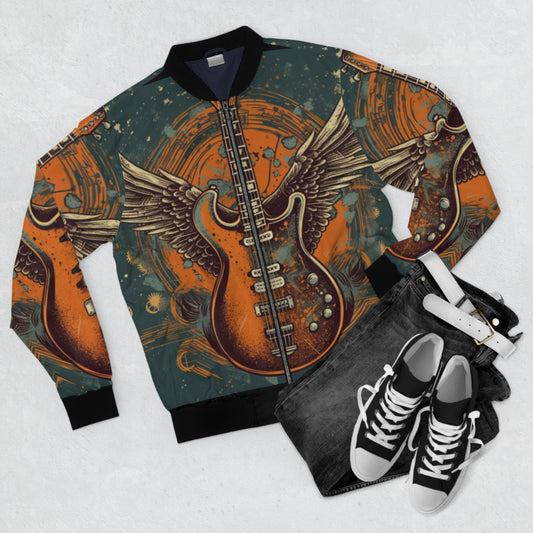 Winged God Guitar Bomber Jacket - All-over print inspired by Jimmy Page, perfect for concerts and everyday rock 'n' roll style.