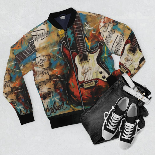 The Jimi Guitar Lyricist Bomber Jacket inspired by Jimi Hendrix, all-over print design with guitars and song lyrics, high-quality polyester construction