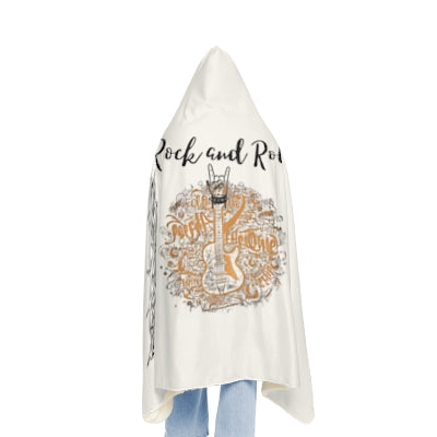 Snuggle hooded blanket with rock and roll design featuring electric guitars and thorns