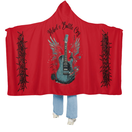 Rebel's Battle Cry Snuggle Hooded Blanket featuring rock and roll inspired guitar design, made from 100% polyester micro-mink fabric