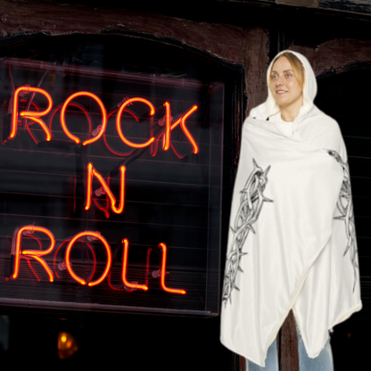 Snuggle hooded blanket with rock and roll design featuring electric guitars and thorns