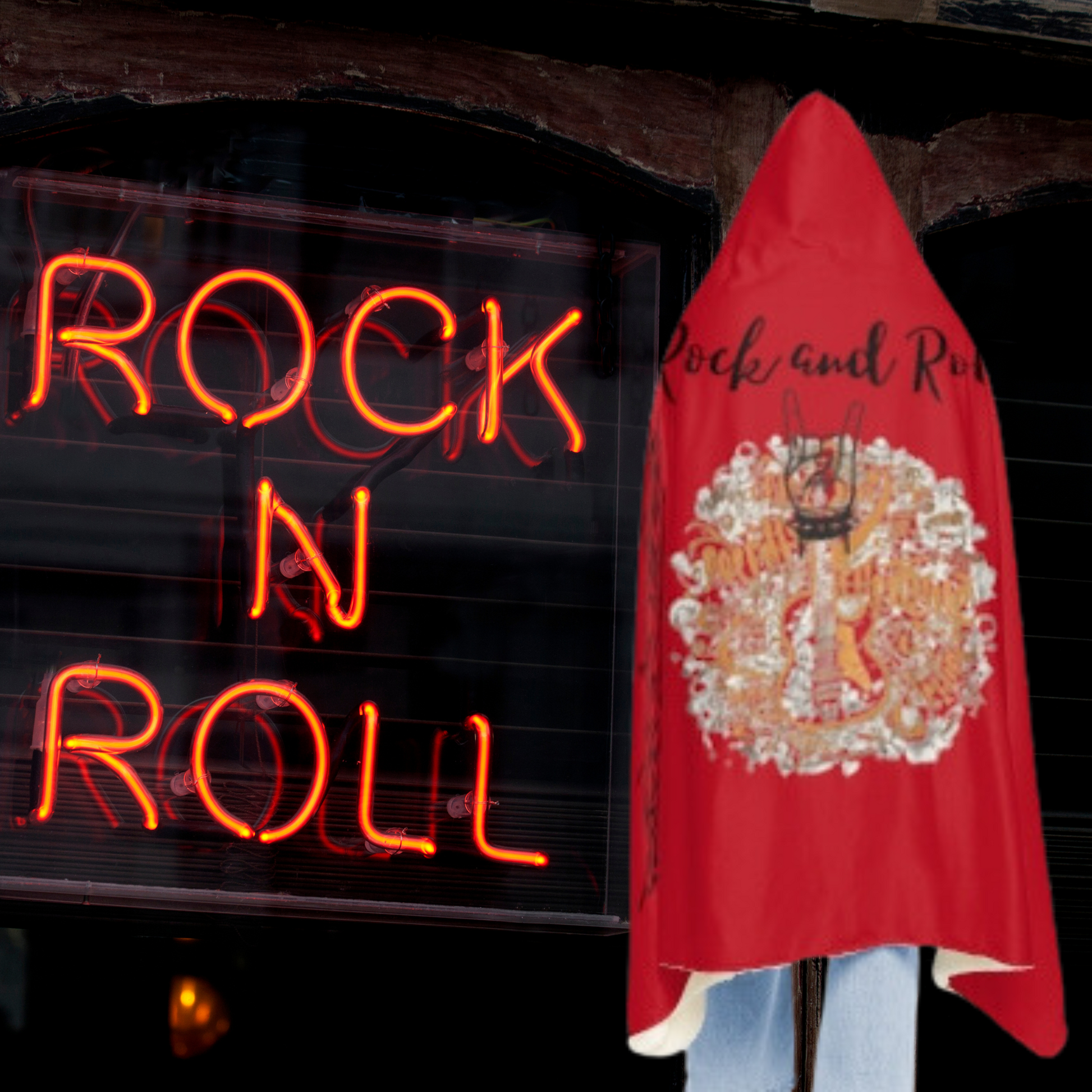 Snuggle hooded blanket with rock and roll design featuring electric guitars and thorns